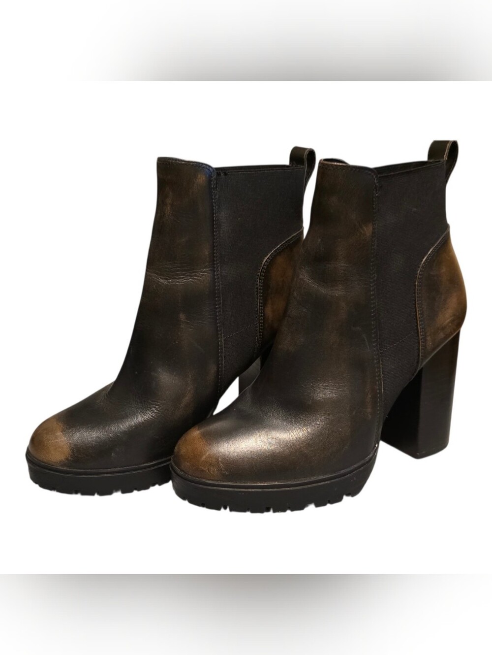 Steve Madden Brown-Black Leather Block Heel Chelsea Boots